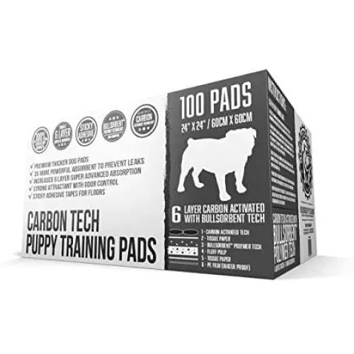 Bulldoglogy Carbon Black Puppy Pee Pads with Adhesive Sticky Tape - Large Charcoal Housebreaking Dog Training Wee Pads (24x24) 6 Layers with Extra Quick Dry Bullsorbent Polymer Tech (100-Count)