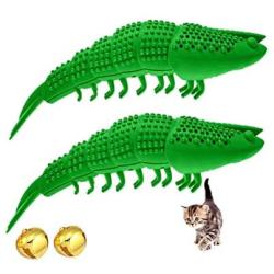 WeTest 2 Pack Natural Rubber Interactive Cat Toothbrush Catnip Toys - Refillable Catnip Shrimp Shape Pet Cleaning Chew Toothbrush Toy（Green） (LJ-ZXS-120203)