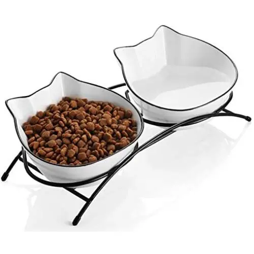 SAMSLE Cat Bowls, 12 Ounces Porcelain Cat Bowl with Stand, Cat Food Water Bowls, Pet Dishes for Small Cat, Double Bowls with Anti Slip Feed for Comfortable Feeding, White SAMSLE Cat Bowls, 12 Ounces Porcelain Cat Bowl with Stand, Cat Food Water Bowls, Pet Dishes for Small Cat, Double Bowls with Anti Slip Feed for Comfortable Feeding, White