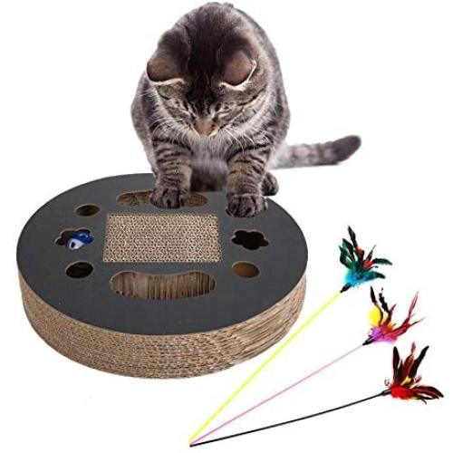 Tfwadmx Cat Round Scratch Pad, Cat Scratch Board Lounge Bed Ball Track Turbo Toy Interactive Scratcher with Cat Teaser Toy
