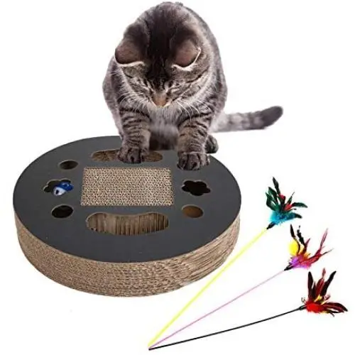 Tfwadmx Cat Round Scratch Pad, Cat Scratch Board Lounge Bed Ball Track Turbo Toy Interactive Scratcher with Cat Teaser Toy