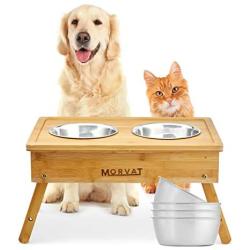 Morvat Raised Dog Bowl Feeding Station for Large Dogs -Double Dog Dishes Elevated for Large Dogs & Cat Pet Feeder, Adjustable Bamboo Dog Dishes for Large Dogs - 3 Heights & 4 Stainless Steel Dog Bowls