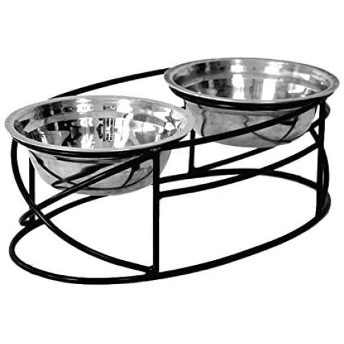 LONGSHUN Pet Feeder Wrought Iron Stand with Double Stainless Steel Bowls Double Diner Feeder with Cat/Dog Bowls