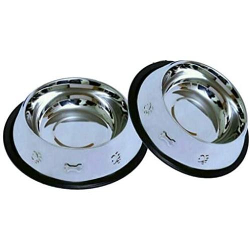 Set of 2 Etched Food Grade Stainless Steel Dog Bowls - 32oz Dry Weight - Dishwasher Safe - Bacteria & Rust Resistant - Non-Skid No-Tip Natural Rubber Base - Odor Free Alternative to Plastic