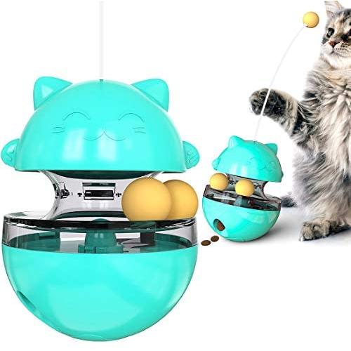 QAZSE Cat Puzzle Feeder Toy Tumbler Treat Interactive Food Dispenser Slow Feeding Cat Toy with Cat Wand