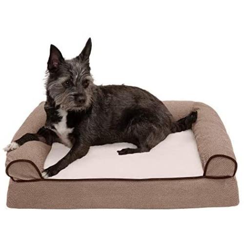 Furhaven Pet Dog Bed - Cooling Gel Memory Foam Faux Fleece and Chenille Soft Woven Traditional Sofa-Style Living Room Couch Pet Bed with Removable Cover for Dogs and Cats