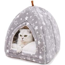 PEOPLE&PETS Pet Soft Tent Cave Bed for Cats and Small Dogs, 2 in 1 Foldable Triangle Cat Bed Hut Tent House with Removable Cushion, Stars Pattern