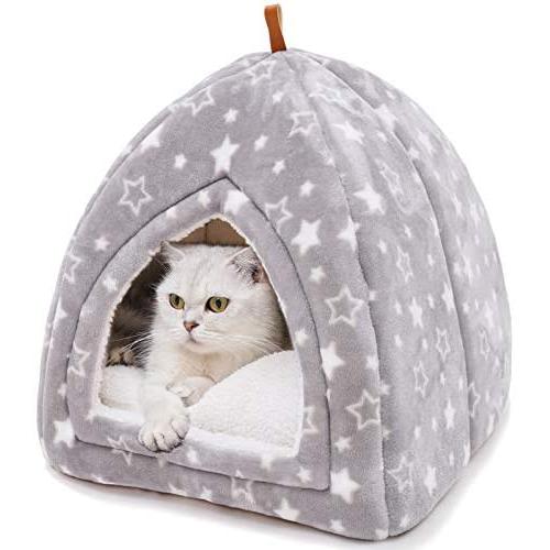 PEOPLE&PETS Pet Soft Tent Cave Bed for Cats and Small Dogs, 2 in 1 Foldable Triangle Cat Bed Hut Tent House with Removable Cushion, Stars Pattern
