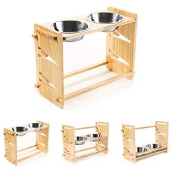 AZPLACE Dog Cat Pet Bowls Adjustable 3 Heights,Waterproof Pine Wood Dog Cat Pet Bowls Food and Water Bowls Stand Feeder with 2 Stainless Steel Bowls(16x11.8inch)