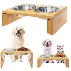 Raised Pet Bowls Elevated Feeder for Dogs Cats - Adjustable Bamboo Food and Water Bowls Stand Feeder, Available in 8.5 inches and 4.5 inches with 2 x Stainless Steel for Free