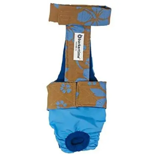 Barkertime Premium Waterproof Dog Diaper Overall - Made in USA - Blue Hawaiian Hibiscus Brown on Aqua Blue Escape-Proof Premium Waterproof Dog Diaper Overall, XL, with Tail Hole Barkertime Premium Waterproof Dog Diaper Overall - Made in USA - Blue Hawaiian Hibiscus Brown on Aqua Blue Escape-Proof Premium Waterproof Dog Diaper Overall, XL, with Tail Hole