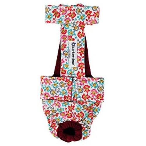 Barkertime Dog Diaper Overall - Made in USA - Mini Happy Monkey Escape-Proof Washable Dog Diaper Overall for Dog Incontinence, Marking, Housetraining and Females in Heat