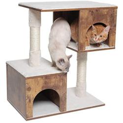 USIKEY Wooden Cat Tree with 2 Cozy Plush Condos, Cat Tower with Soft Protective Cushion and Sisal Posts, Cat Activity Tree with Cave, Kittens Activity Center, Easy Cleaning