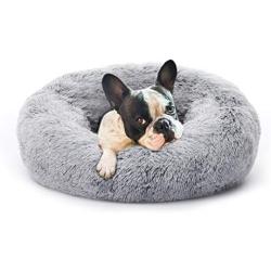 Eterish Fluffy Round Calming Dog Bed, Small Anxiety Donut Dog Bed for Small Dogs, Pet Cat Bed with Raised Rim, Machine Washable, 23 inches Light Grey