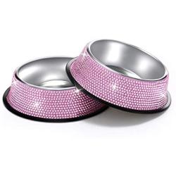 SAVORI Bling Dog Bowls Pink, 640ML Handmade Bling Rhinestones Stainless Steel Pet Bowls Double Food Water Feeder for Puppy Cats Dogs - Set of 2