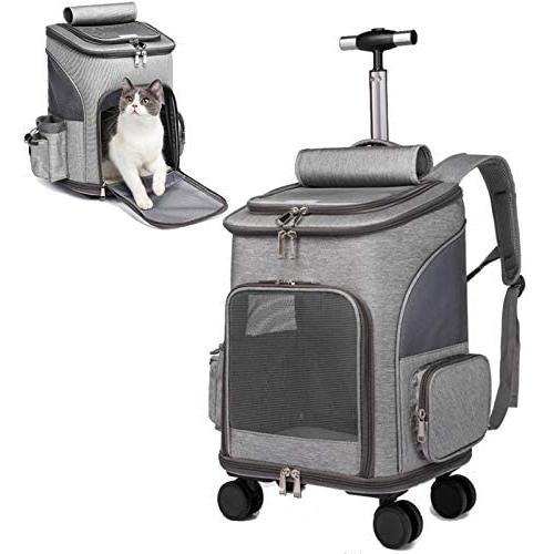 MOV COMPRA Wheeled Pet Carrier Backpack Pet Stroller, Travel Carrier, Car Seat for Dogs Cats Puppy, Comfort Cat Backpack Removable Rolling Wheels–Mesh Ventilation Windows, Storage Pockets
