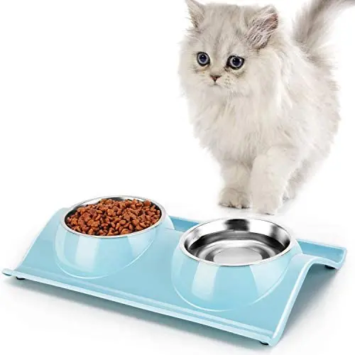 GRANDSEA Double Dog Bowls with Stand, 11 oz Stainless Steel Cat Dish, Dual Use Pet Food and Water Feeder for Small Dogs and Cats