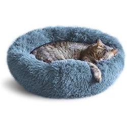 Whiskers & Friends Cat Dog Bed Calming Soft Plush Faux Fur Shag Donut Comfort Cuddler Improve Sleep - Up to 25 Pounds - Gentle Delicate Wash, Air Delicate Dry (Navy-Gray)