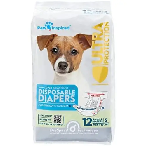 Paw Inspired Disposable Dog Diapers | Female Dog Diapers Ultra Protection | Diapers for Dogs in Heat, Excitable Urination, or Incontinence (12 Count, Small)