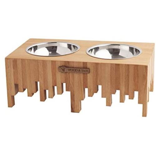 WOOD & TAIL Designer Elevated Dog and Cat Handmade Solid Wood Feeder, Premium Raised Food and Water Stand with 2 Stainless Steel Bowls.Perfect for Small and Medium Pets,Sur