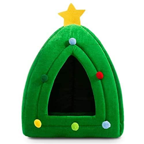 Hollypet Self-Warming 2 in 1 Foldable Comfortable Triangle Cat Bed Tent House, Christmas Tree