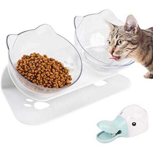 B bangcool Cat Bowls, 15° Tilted Raised Cat Bowls for Food Water Double Pet Bowl Neck Protective Cat Feeder Bowl with Food Scoop