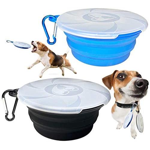 Collapsible Dog Bowl for Travel, 2 Pack Cat Food Bowls Dog Water Bowls with Lids, Portable Collapsable Pet Feeding Cup Dish for Walking Camping Kennels (450ML,15OZ)
