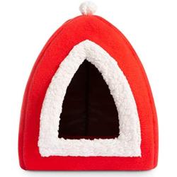 Hollypet Self-Warming 2 in 1 Foldable Comfortable Triangle Cat Bed Tent House, Red Hat