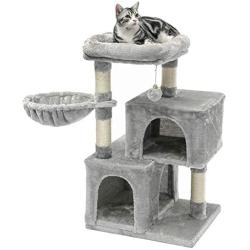 SUPERJARE Cat Tree with Plush Perch & Dangling Balls, Activity Kitten Centre Tower Equipped with Basket, Scratching Posts and Plush Condos