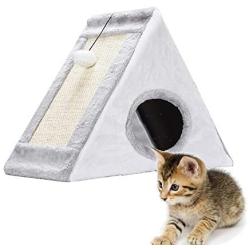 ELECRELIVE Cat Cave Bed and Scratching Post, Soft Lining and Double Sided Sisal Clawing Board, Cushioned Triangle Kitten Bed with Angled Scratch Ramps, Triangular Cat Cave, Cat Cocoon Cat House