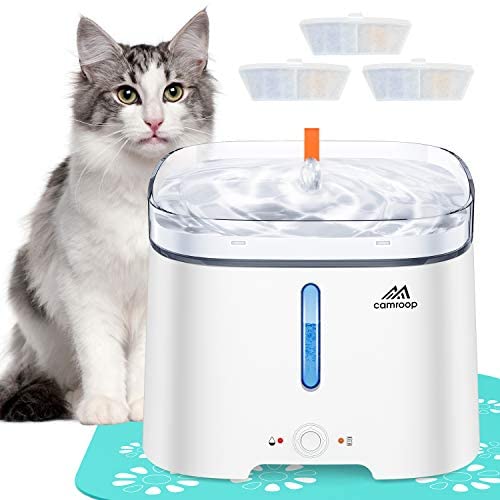 Camroop Cat Water Fountain, 68oz/2L Automatic Dog Water Fountain Pet Water Dispenser with Indicator & 1 Silicone Mat,Water Shortage Alert,Water Level Window