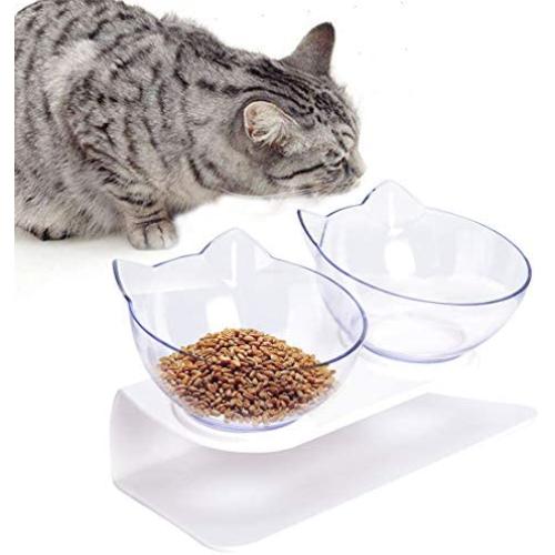 kathson Cat Double Food Bowl Elevated Pets Food Water Feeder Bowl with Stand, 15° Tilted Design Raised Feeder Bowls Anti Skid Tilting Neck Protective for Cats and Small Dogs