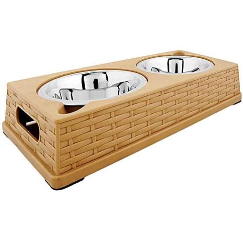 Iconic Pet Color Splash Rattan Double Diner Stainless Steel Dog & Cat Food & Water Bowl Set with Anti-Skid Wicker Finish Riser, Beige Tray, Two 14oz Bowls