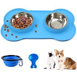 Linifar Double Dog Bowl, 14 oz Stainless Steel Dog Food and Water Bowl Food Scoop Pet Feeder Dish with Non Spill Skied Silicone Mat for Puppy Cats Small Medium Dogs