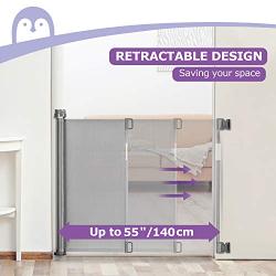 Retractable Baby Gate, Momcozy Mesh Safety Gate for Babies and Pets, Extra Wide Safety Baby Gate 33.7'' Tall, Extends to 55'' Wide, Pet Dog Gate for doorways, Stairs, Hallways, Indoor/Outdoor (Grey)