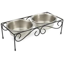 PetRageous 11139SS Scroll Stainless Steel Non Slip Dog Diner, Black, 6.5-Cup Capacity, Dishwasher Safe Stainless Steel Bowls, 5.20-Inch Tall Feeder, for Large and Extra Large Dogs and Cats