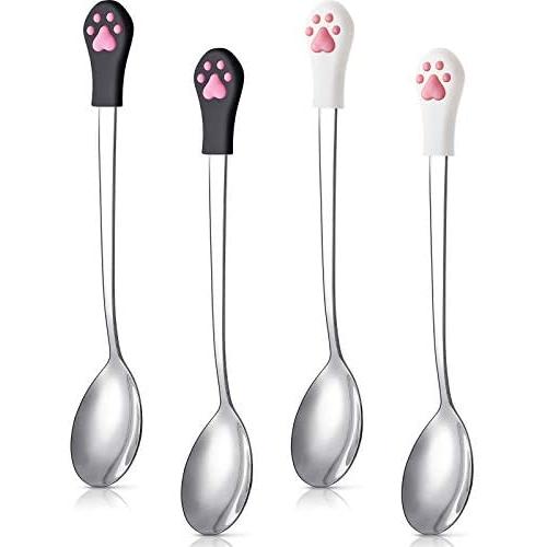 4 Pieces Dog Cat Spoon Pet Can Spoon Stainless Steel Pet Food Spoon Cat Claw Spoon for Dog and Cat Food Can, White and Black