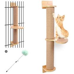 Odoland Cat Activity Tree with Scratching Posts - Wall Mounted Cat Scratching Post Cat Shelves with Solid Wood Steps - Cage Mounted Cat Jute Scratcher Hammock for Indoor