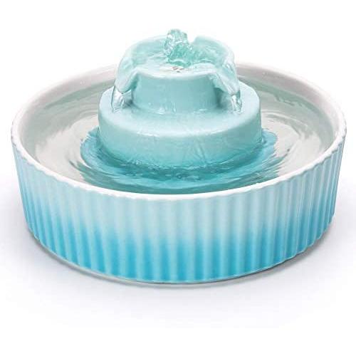 THMY Ceramic Pet Drinking Fountain, 70 oz Automatic Porcelain Cat Water Fountain, Ultra Quiet Water Fountains for Cats and Dogs with Clean Brush and Foam - Blue