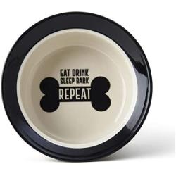 PetRageous 17000 Eat Drink Repeat Two-Tone Stoneware Dishwasher Safe Dog Bowl 2-Cup 6-Inch Diameter 2.5-Inch Tall for Small and Medium Dogs and Cats 16-Ounce Capacity, Off-White