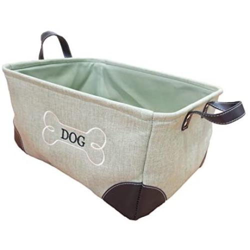 Winifred & Lily Pet Toy and Accessory Storage Bin, Organizer Storage Basket for Pet Toys, Blankets, Leashes and Food in embroidered “Dog”, Green