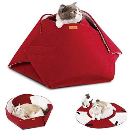 LumoLeaf Cat Bed Cave for All Indoor Cats, Cozy Handmade Felt Cat Cave Bed with Double Side Removable Pillow for All Season use, DIY Convertible to Hideout Cave or Sleeping Bed.