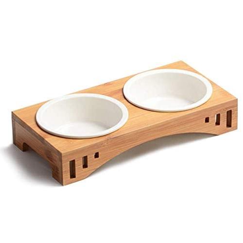 Companet Pet Raised Bowl Dog Cat Food Water Bowl Pet Dishes, Pet Feeder Pet Feeding Bowl with Detachable Raised Bamboo Stand Pet Food Feeder for Cats or Small Dogs - Cermic Bowls Double