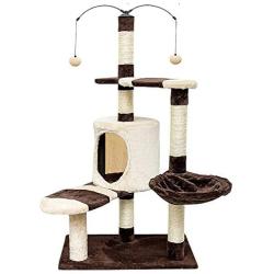 Famgizmo Cat Tree with Sisal Scratching Posts, 110cm Cat Climbing Tower with Cat Cave, Multi-Level Cat Kitten Activity Centre with Dangling Toy, Cat Condo, Cat Furniture, Fish Pattern, Brown/Beige