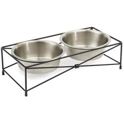 PetRageous 11425SS Farm Fence Non Slip Dog Diner, Metallic, 6.5-Cup Capacity, Two Dishwasher Safe Stainless Steel Bowls, 5.30-Inch Tall Feeder, for Large and Extra Large Dogs and Cats, Black