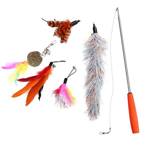 Earlyad Cat Toys, Funny Cat Stick Pet Toys, Three-Section Telescopic Stick with 5replacement Head Set