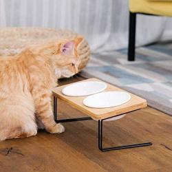 FUKUMARU Elevated Cat Ceramic Bowls, Small Dog 15° Tilted Raised Food Feeding Dishes, Solid Bamboo Water Stand Feeder Set for Cats and Puppy