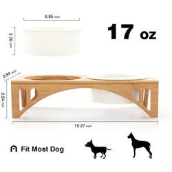 FUKUMARU Elevated Dog Ceramic Bowls, 17 OZ Raised Food Feeding Dishes for Large Cats and Medium Dogs, Solid Bamboo Water Stand Feeder Set