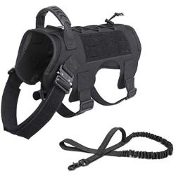 RubRab Tactical Dog Harness Vest Medium with Handle Pulling, Military Working Dog Molle Vest with Free Bungee Dog Leash