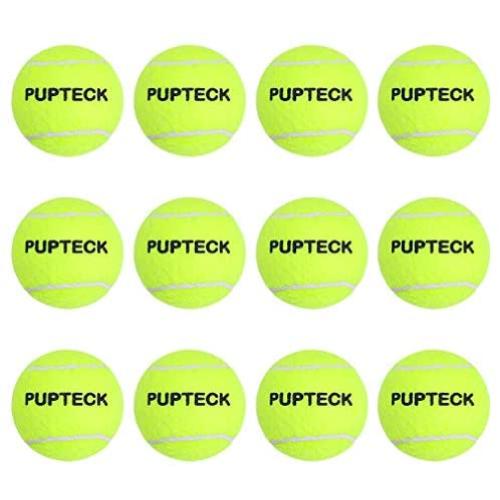 PUPTECK 12 Pack Squeaky Tennis Balls for Small and Medium Dogs Outdoor, Interesting Interactive Toys Running Yellow with A Net Bag